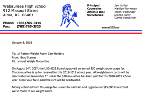 2018-2019 Weight Room Usage Annual Fee Renewal